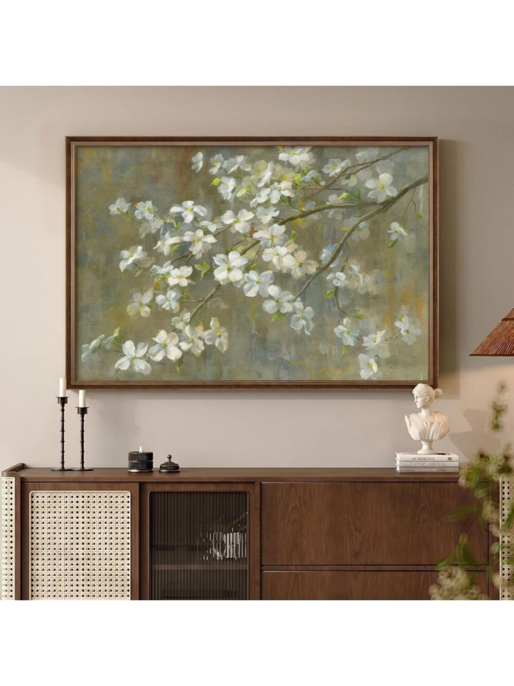 Framed Vintage Floral Botanical Wall Art - Neutral Green & White, 24x36 In